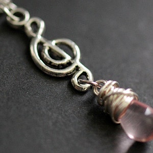 Musical Note Necklace. Music Necklace. Treble Clef Necklace. Pink Teardrop Necklace in Silver. Handmade Jewellery.