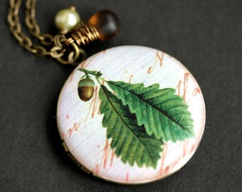 Acorn Locket Necklace. Woodland Acorn Necklace with Frosted Brown Teardrop and Fresh Water Pearl Charm. Oak Leaf Necklace. Bronze Locket.