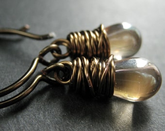 BRONZE Earrings - Teardrop Dangle Earrings in Champagne Shimmer Glass Teardrops. Wire Wrapped Handmade Earrings.