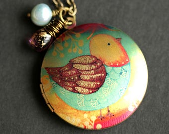 Quilted Bird Locket Necklace. Rainbow Bird Necklace with Purple Teardrop and Aqua Blue Fresh Water Pearl. Bronze Locket. Handmade Jewelry.