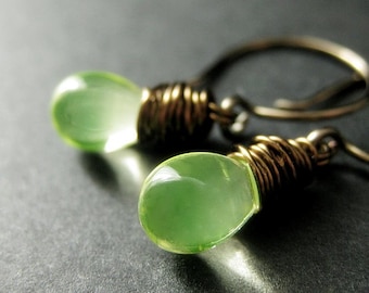 BRONZE Earrings - Lemon Green Drop Dangle Earrings, Wire Wrapped Earrings. Dangle Earrings. Handmade Jewelry.