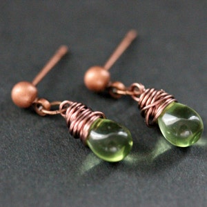 COPPER Earrings Green Teardrop Earrings. Stud Earrings. Dangle Earrings. Post Earrings. Handmade Jewelry. image 2