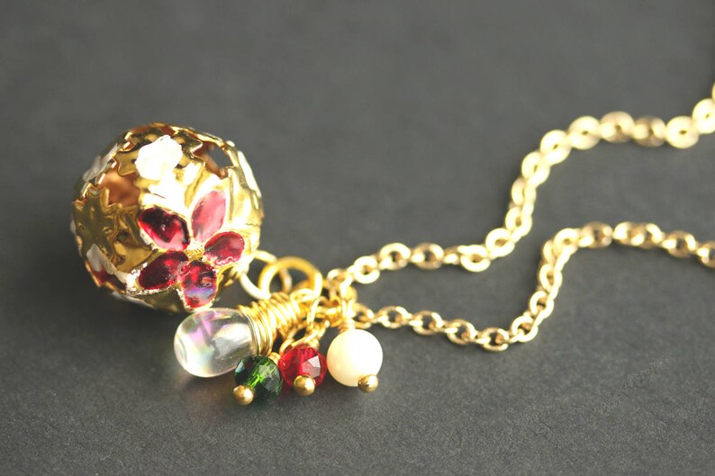 Holiday Bell Necklace. Christmas Necklace in Red and Green. Gold Bell Necklace. Holiday Necklace. Poinsettia Necklace. Handmade Jewelry. image 5