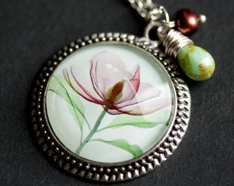 Flower Necklace. Xray Flower Art Pendant with Dark Mauve Fresh Water Pearl and Pale Green Teardrop. Floral Necklace. Handmade Necklace.