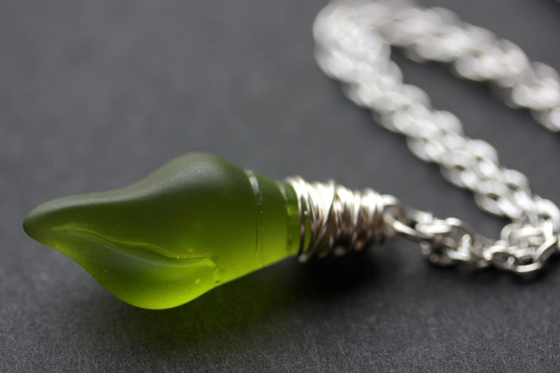 Frosted Sea Glass Necklace in Silver Handmade Jewelry. Olive Green Seaglass Necklace Olive Green Necklace Conch Shell Necklace