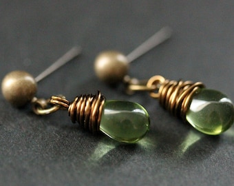 BRONZE Earrings - Peridot Green Teardrop Earrings. Dangle Earrings. Post Earrings. Handmade Jewelry.