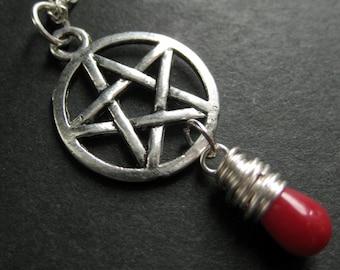 Pagan Necklace. Red Coral Necklace. Teardrop Necklace. Silver Pentagram Necklace. Handmade Jewelry.