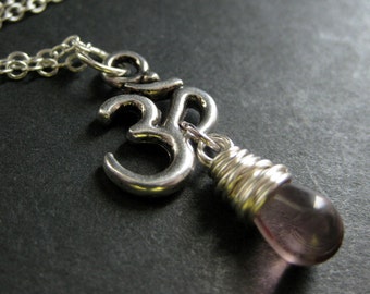 Yoga Jewelry. Purple Necklace. Ohm Necklace. Om Necklace in Silver. Teardrop Necklace. Yoga Necklace. Handmade Jewelry.