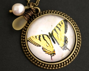 Yellow Butterfly Necklace. Yellow Swallowtail Butterfly Pendant with Yellow Teardrop and Pearl Charm. Butterfly Jewelry. Handmade Jewelry.