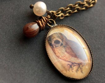 Owl Necklace. Brown Owl Pendant with Glass Teardrop and Pearl. Brown Owl Charm Necklace. Wearable Art Jewelry. Handmade Jewellery.