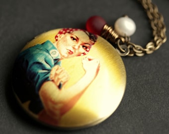 Distressed "We Can Do It" Locket Necklace. Womanpower Necklace. Rosie the Riveter Necklace with Glass Teardrop and Pearl. Handmade Jewelry.