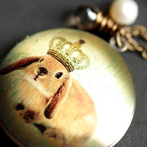 King Rabbit Necklace. Brown Bunny Locket Necklace. Bronze Locket with Glass Teardrop and Fresh Water Pearl. Handmade Jewelry.