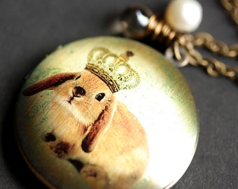 King Rabbit Necklace. Brown Bunny Locket Necklace. Bronze Locket with Glass Teardrop and Fresh Water Pearl. Handmade Jewelry.