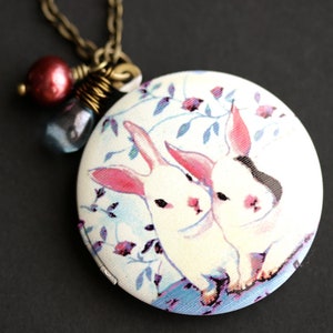 Bunny Brothers Locket Necklace. Bunny Necklace with Blue Teardrop and Dark Red Fresh Water Pearl Charm. Rabbit Necklace. Photo Locket.