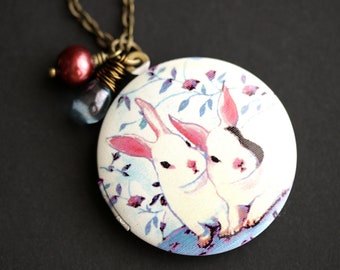 Bunny Brothers Locket Necklace. Bunny Necklace with Blue Teardrop and Dark Red Fresh Water Pearl Charm. Rabbit Necklace. Photo Locket.