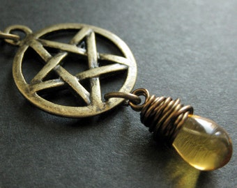 Bronze Pentacle Necklace. Teardrop Necklace. Wiccan Necklace. Bronze Pentagram Necklace. Handmade Jewelry.