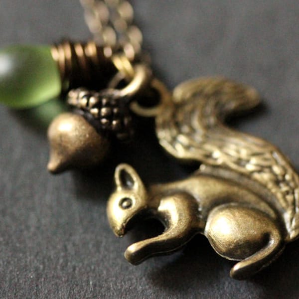 Woodland Squirrel Charm Necklace. Woodland Necklace with Acorn Charm. Teardrop Necklace in Bronze. Squirrel Jewelry. Handmade Necklace.