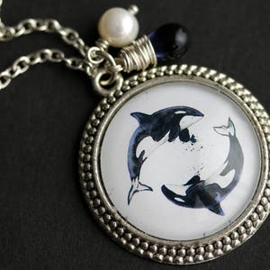 Orca Necklace. Killer Whale Pendant with Dark Blue Teardrop and Fresh Water Pearl. Orca Pendant. Whale Necklace. Handmade Necklace.