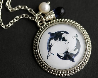 Orca Necklace. Killer Whale Pendant with Dark Blue Teardrop and Fresh Water Pearl. Orca Pendant. Whale Necklace. Handmade Necklace.