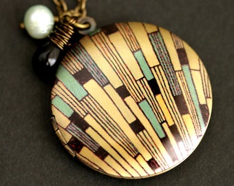 Art Deco Locket Necklace. Art Deco Necklace with Black Teardrop and Fresh Water Pearl Charm. Turquoise Necklace. Bronze Locket.