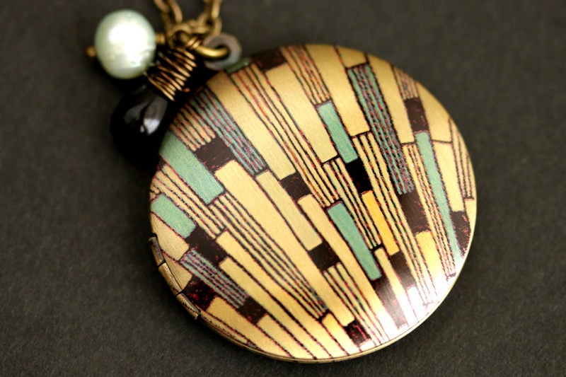 Art Deco Locket Necklace. Art Deco Necklace with Black Teardrop and Fresh Water Pearl Charm. Turquoise Necklace. Bronze Locket.