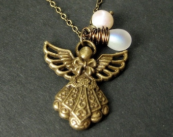 Angel Necklace. Bronze Angel Pendant with Iridescent Frosted Teardrop and Fresh Water Pearl. Handmade Jewelry.