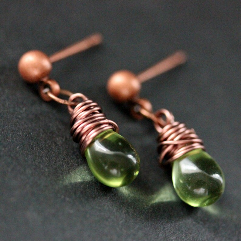 COPPER Earrings Green Teardrop Earrings. Stud Earrings. Dangle Earrings. Post Earrings. Handmade Jewelry. image 3