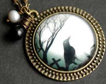 Black Bird Necklace. Spooky Graveyard Necklace. Raven Pendant with Black Teardrop and Fresh Water Pearl. Raven Necklace. Bronze Necklace.