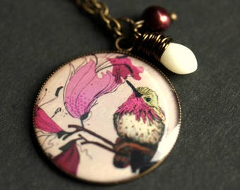 Purple Hummingbird Necklace. Purple Bird Pendant with White Coral Teardrop and Pearl Charm Necklace. Lilac Purple Necklace. Bronze Necklace.