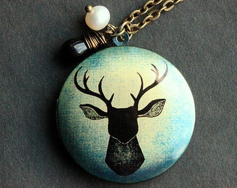 Deer Locket Necklace. Woodland Deer Necklace with Black Teardrop and Fresh Water Pearl. Handmade Jewelry.