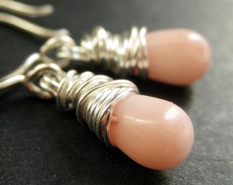 Pink Coral Earrings. Teardrop Earrings Wire Wrapped in Silver. Handmade Jewelry.