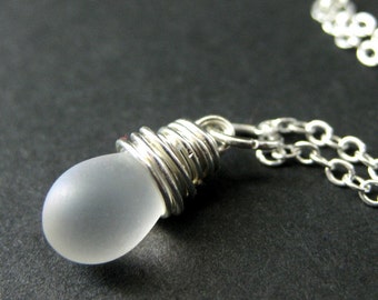 Frosted Opalescent Teardrop Necklace in Silver. Bridesmaid Jewelry. Wire Wrapped Teardrop. Handmade Necklace.