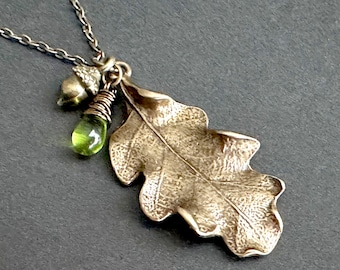 Oak Leaf and Acorn Necklace. Oak Leaf Necklace. Bronze Oak Leaf Pendant with Wire Wrapped Glass Teardrop and Acorn Charm. Handmade Jewelry.