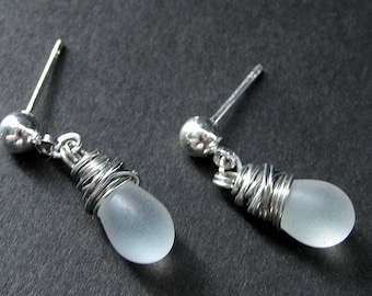 Dangle Earrings : Wire Wrapped White Frost Drop Earrings. Stud Earrings in Silver. Handmade Jewelry.