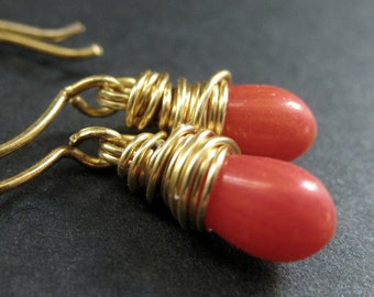 14K GOLD Earrings - Orange Coral Earrings. Orange Teardrop Earrings. Wire Wrapped Earrings. Handmade Jewelry.