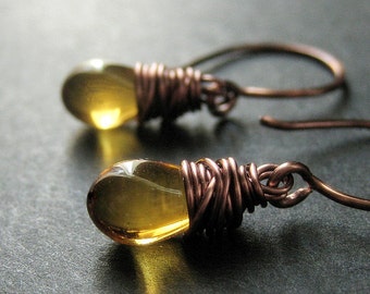 COPPER Earrings - Honey Honey Drop Earrings, Wire Wrapped Copper Earrings with Glass Teardrops. Handmade Jewelry.