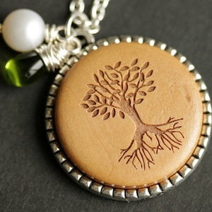 Wood Tree Necklace. Tree of Life Pendant. Wooden Necklace with Glass Teardrop and Fresh Water Pearl. Silver Necklace. Handmade Jewelry.