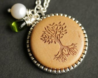 Wood Tree Necklace. Tree of Life Pendant. Wooden Necklace with Glass Teardrop and Fresh Water Pearl. Silver Necklace. Handmade Jewelry.