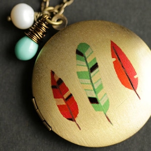 Indian Feather Locket Necklace. Turquoise and Red Feather Necklace with Aqua Teardrop and Fresh Water Pearl Charm. Bronze Necklace.