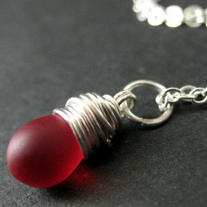 Clouded Red Teardrop Necklace in Silver. Bridesmaid Necklace. Wire Wrapped Teardrop. Handmade Jewelry.