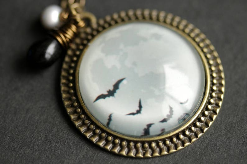 Halloween Bats Necklace with Black Teardrop and Gray Pearl Full Moon Necklace Bronze Necklace. Flying Bats Necklace Halloween Necklace