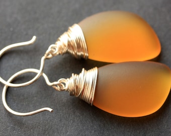 Honey Seaglass Earrings. Honey Earrings. Honey Sea Glass Earrings. Wire Wrapped Wing Earrings. Handmade Jewelry.