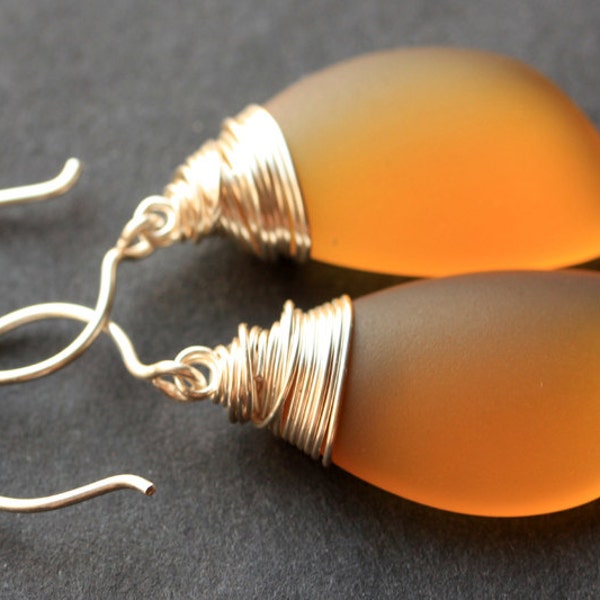 Honey Seaglass Earrings. Honey Earrings. Honey Sea Glass Earrings. Wire Wrapped Wing Earrings. Handmade Jewelry.