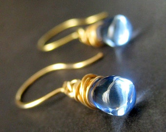 Drop Earrings: Wire Wrapped Earrings. Baby Blue Earrings in Gold. Dangle Earrings. Handmade Jewelry.