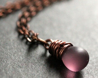 Wire Wrapped Teardrop Necklace. Frosted Purple Necklace. Copper Necklace. Bridesmaid Jewelry. Handmade Jewelry.