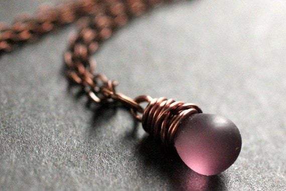 Wire Wrapped Teardrop Necklace. Frosted Purple Necklace. Copper Necklace. Bridesmaid Jewelry. Handmade Jewelry.