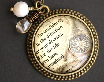 Henry David Thoreau Quote Necklace. "Go Confidently" Quote Pendant with Glass Teardrop and Fresh Water Pearl. Henry David Thoreau Necklace.