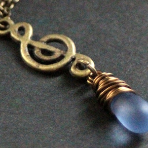 Frosted Blue Teardrop Necklace. Musical Note Necklace. Treble Clef Necklace. Music Necklace in Bronze. Handmade Jewellery.