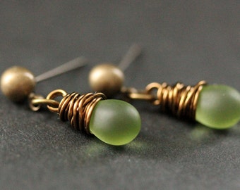 BRONZE Earrings - Clouded Green Teardrop Earrings. Dangle Earrings. Post Earrings. Handmade Jewelry.