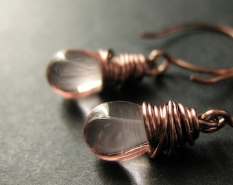 COPPER Earrings - Pink Earrings in Copper, Wire Wrapped Teardrop Earrings. Handmade Jewelry.